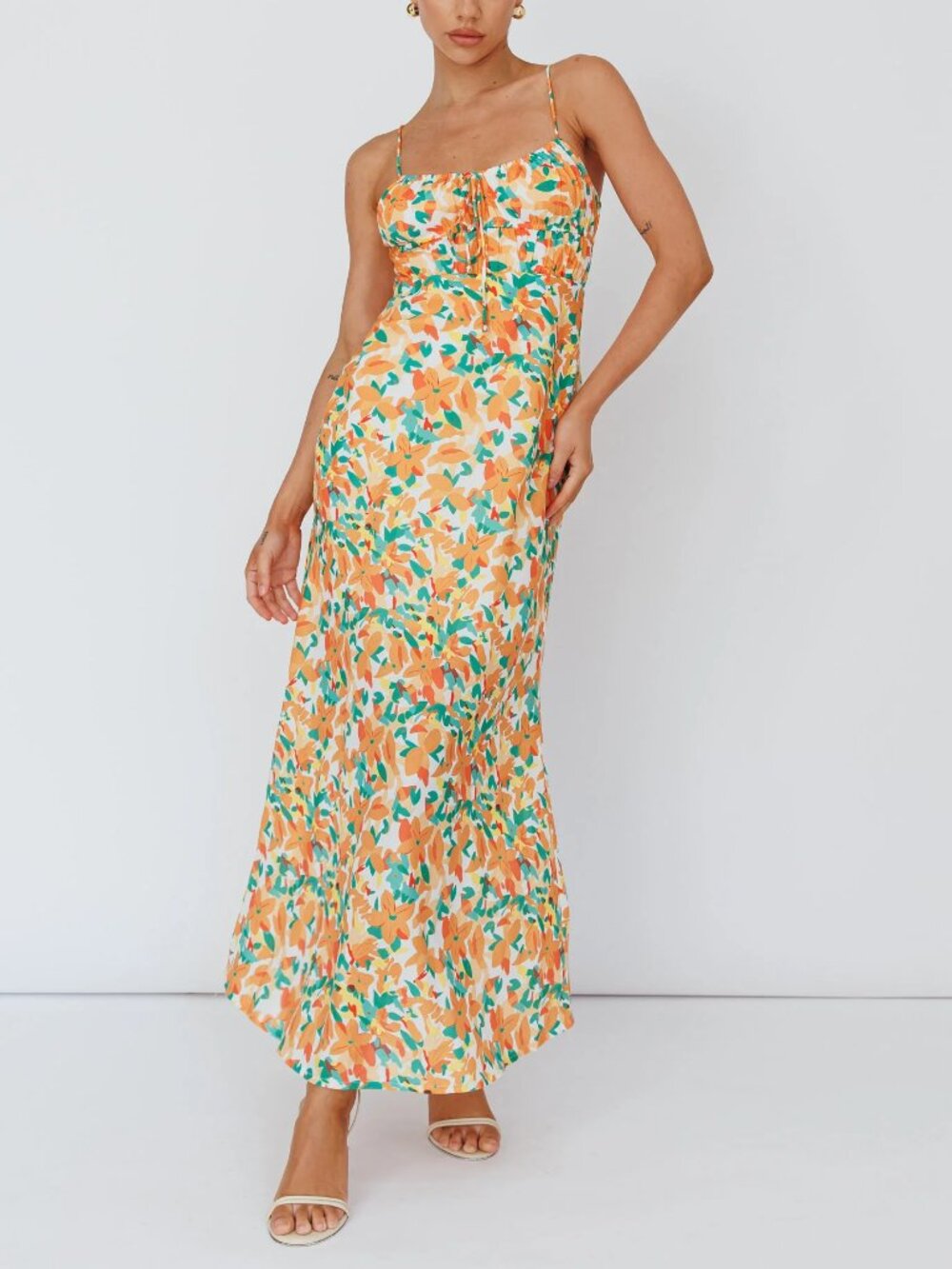 Mika & Gala Floral Midi Dress | Size S (AU 8) | Orange Print | Adjustable Straps